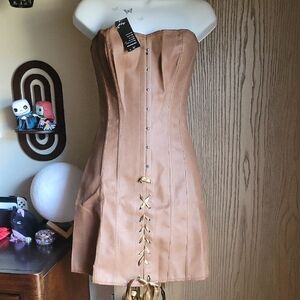 Strapless Tan Corset Dress with Front Lace-Up
